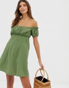 Asos Design Off Shoulder Mini Sundress With Ruched Bust - Green