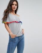 Daisy Street Off The Shoulder Top With Pom Poms - Gray