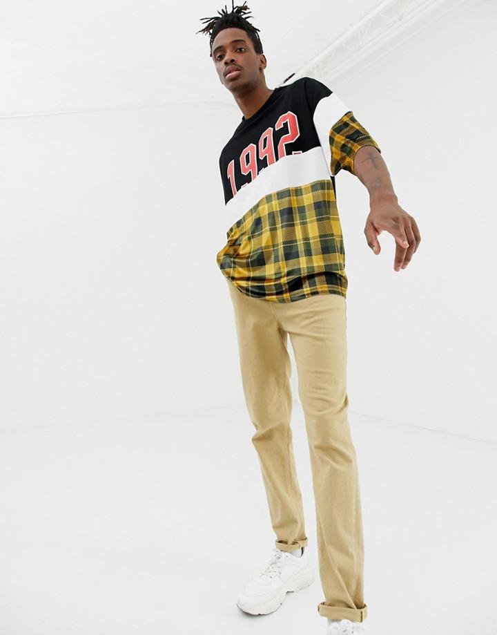 Asos Design Oversized T-shirt With Velour Check Cut And Sew Panels And 1992 Print And Half Sleeve - Black