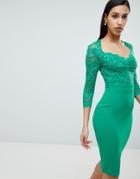 City Goddess 3/4 Sleeve Lace Midi Dress - Green