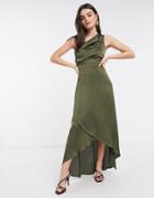 Tfnc Bridesmaid One Shoulder Maxi Dress In Green-brown