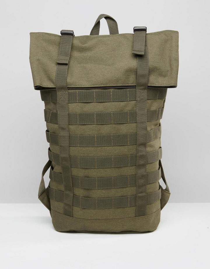 Asos Backpack In Khaki With Strapping Detail - Green