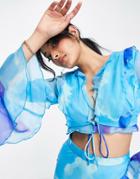 Asos Design Ruffle Detail Top With Tie Front In Blue Abstract Print - Part Of A Set-multi