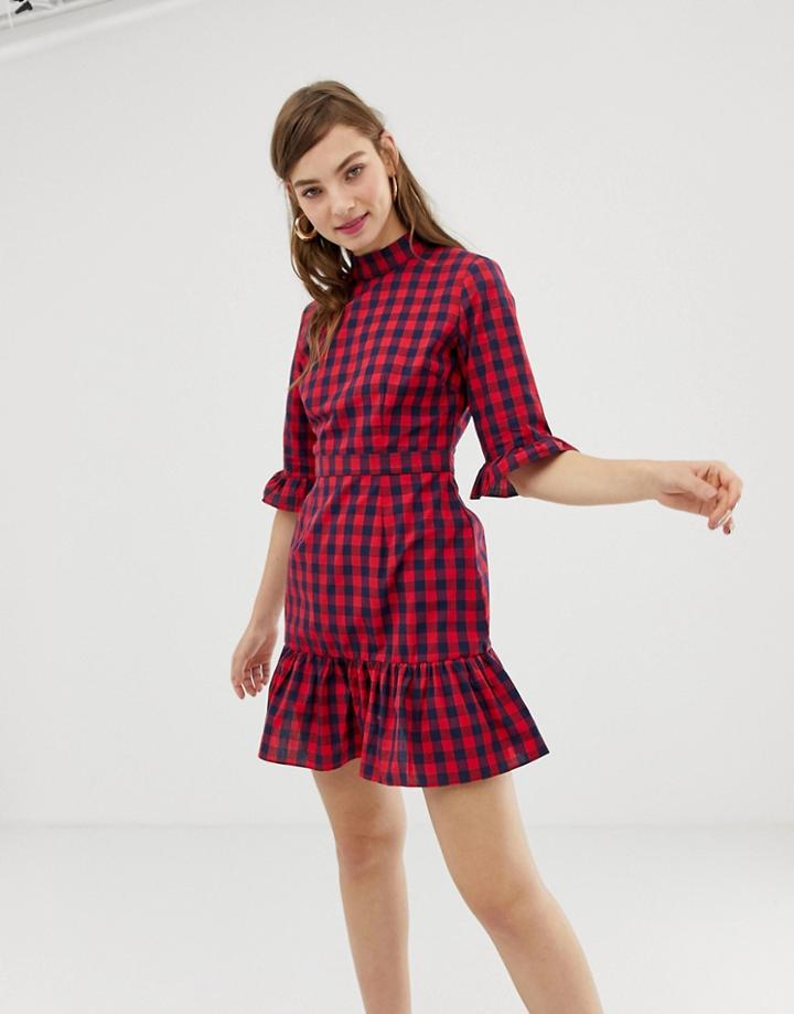 Glamorous High Neck Tea Dress In Check-navy