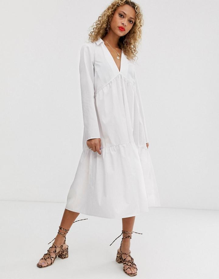 Asos Design Tiered Collared Cotton Smock Midi Dress With Long Sleeves-white