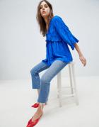 Asos Design Plunge Ruffle Smock Top In Jacquard - Blue