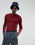 Asos Muscle Fit Ribbed Sweater In Burgundy-red
