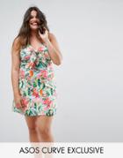 Asos Curve Knot Front Halter Smock Dress In Tropical Floral Print - Multi