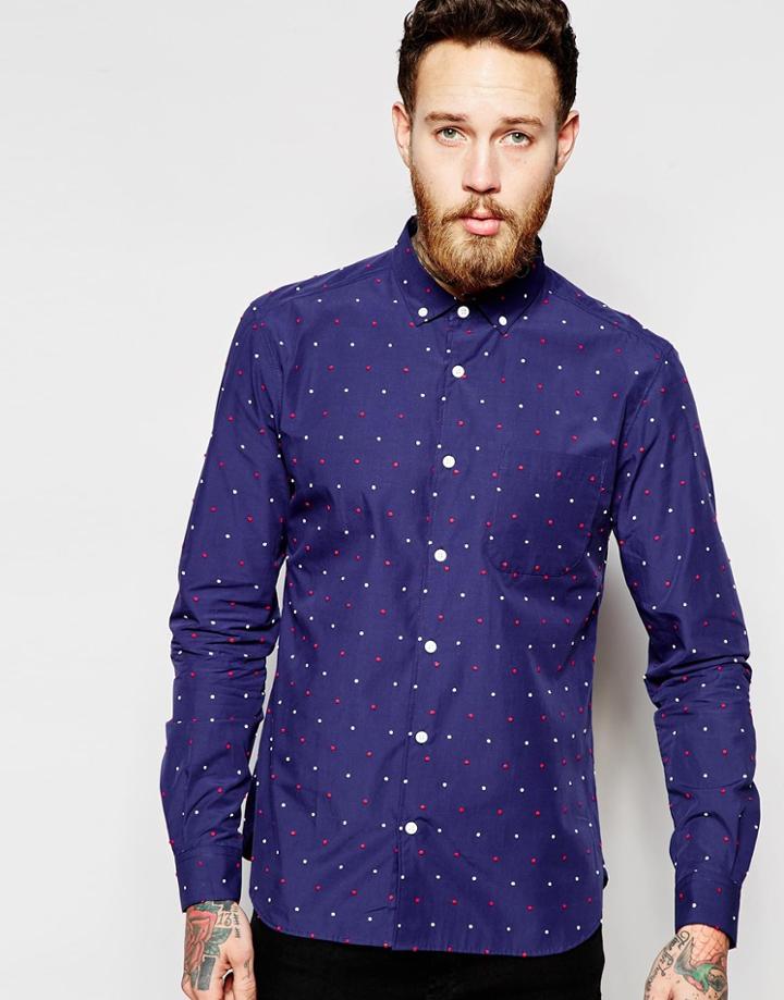 Ymc Shirt With Multicoloured Small Spot - Navy