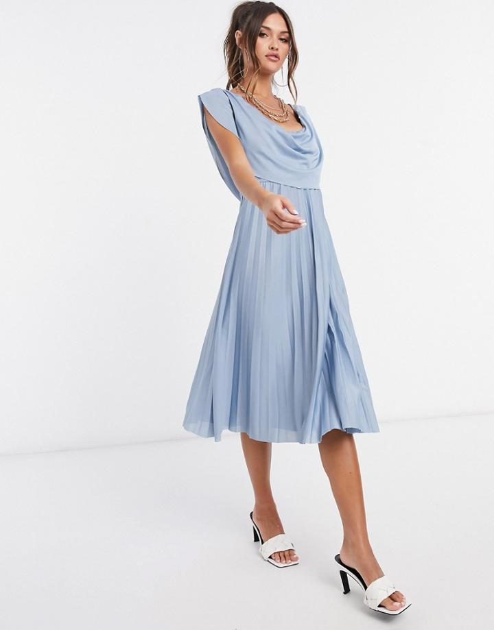 Asos Design Cowl Neck Midi Pleated Dress In Dusky Blue