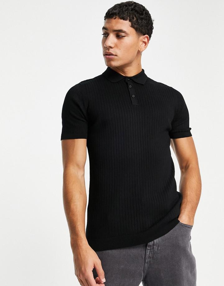 Topman Knitted Rib Polo In Black