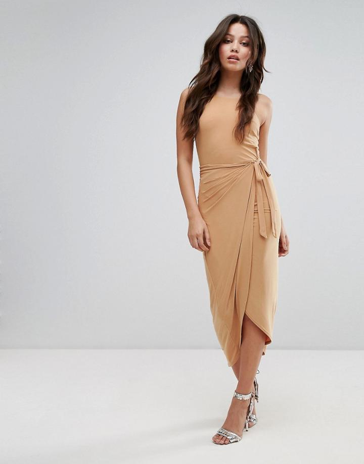 Club L High Neck Wrap Front Slinky Midi Dress - Brown