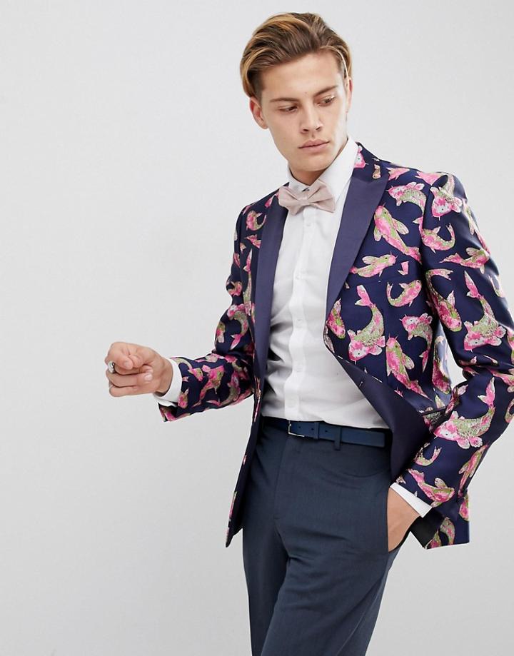 Moss London Skinny Blazer In Navy Karp Print - Navy
