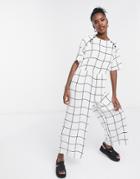 Asos Design Button Detail Smock Jumpsuit In White Check Print-multi