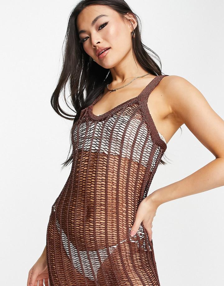 Asos Design Maxi Dress In Beach Open Ladder Stitch In Brown
