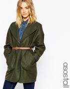 Asos Tall Coat In Cocoon Fit With Patch Pockets And Belt - Khaki