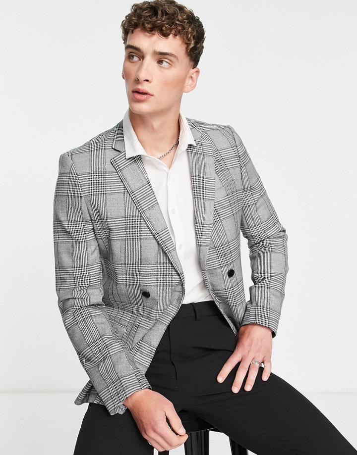 Bolongaro Trevor Check Double Breasted Super Skinny Fit Suit Jacket-gray