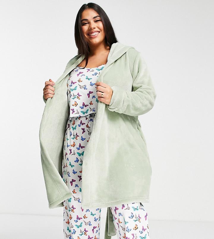 Asos Design Curve Super Soft Fleece Mini Robe In Green