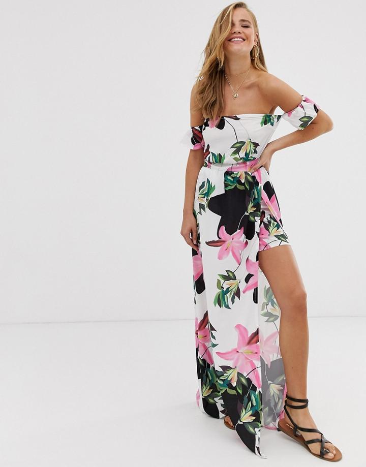 Parisian Off Shoulder Maxi Dress In White Floral Print - White