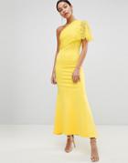 Club L One Shoulder Lace Cape Overlay Detailed Maxi Dress - Yellow