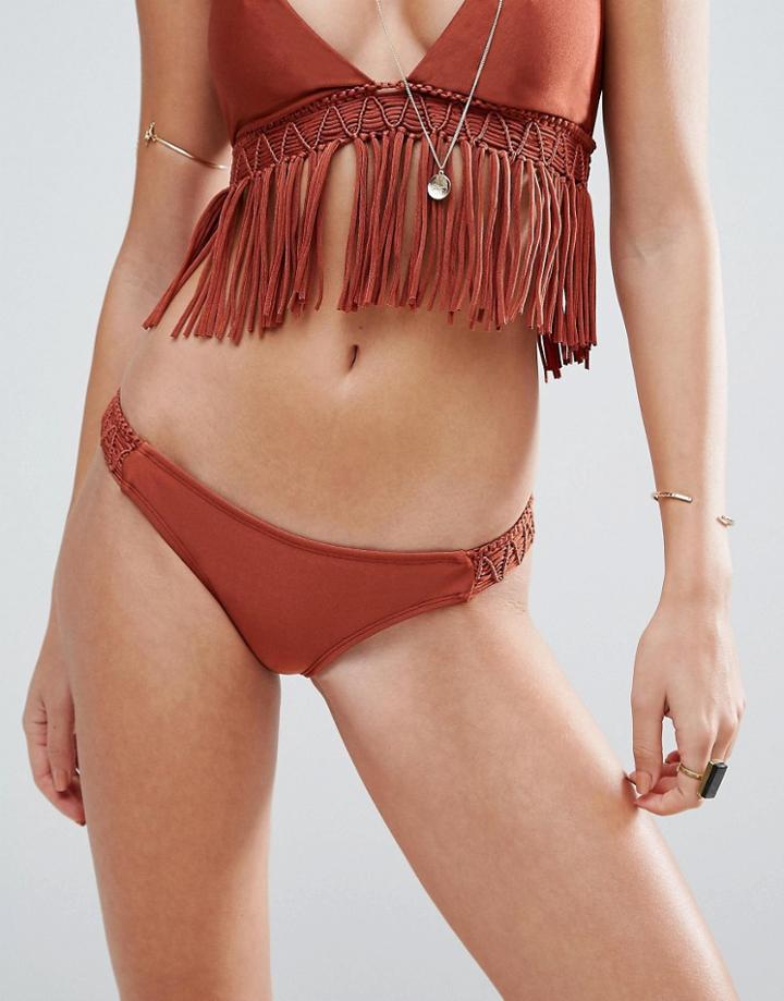 Asos Macrame Fringed Side Bikini Bottom - Brown