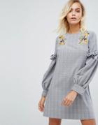 Fashion Union High Neck Dress With Floral Embroidery And Ruffle Sleeve - Gray