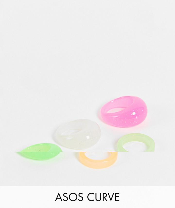 Asos Design Curve 5-pack Rings In Glow-in-the-dark Plastic-multi