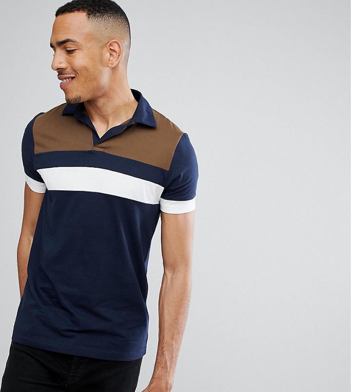 Asos Tall Polo Shirt With Retro Color Block Yoke And Revere Collar - Navy