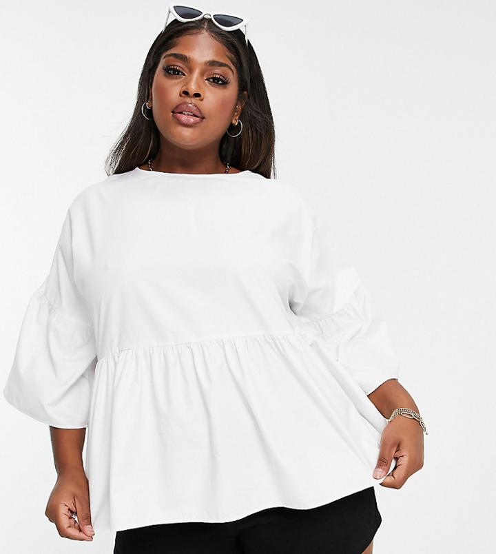 Simply Be Smock Top With Frill Sleeves In White