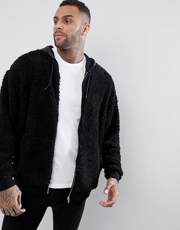 Asos Oversized Zip Up Hoodie In Borg With Contrast Hood - Black