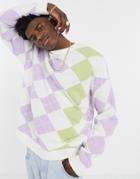 Asos Design Knitted Sweater With Argyle Pattern In Pastel Tones-purple