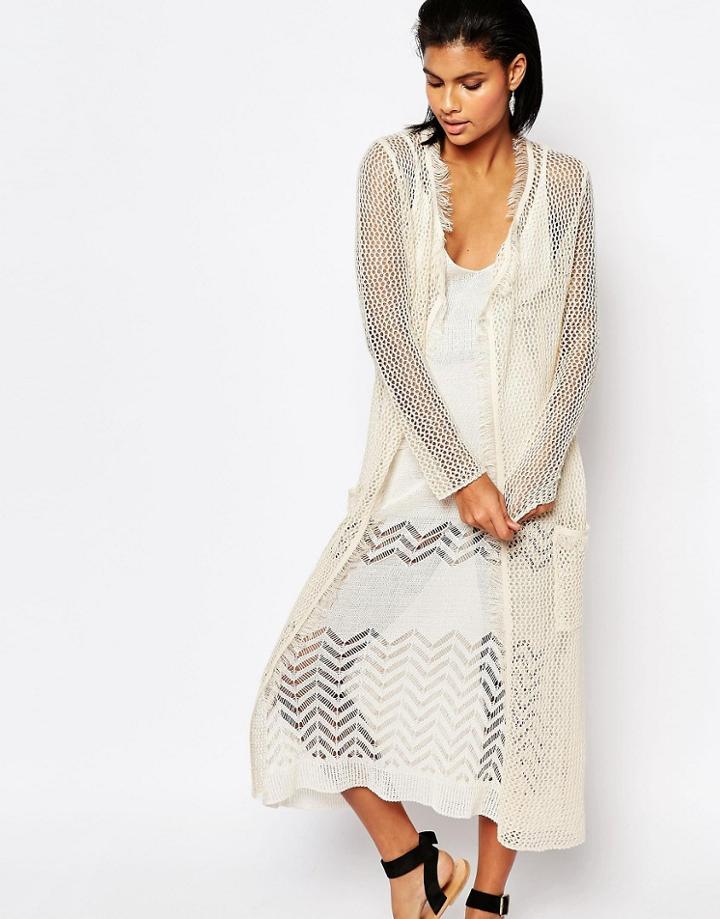 Moon River Long Knitted Cardigan With Raw Trim - Cream