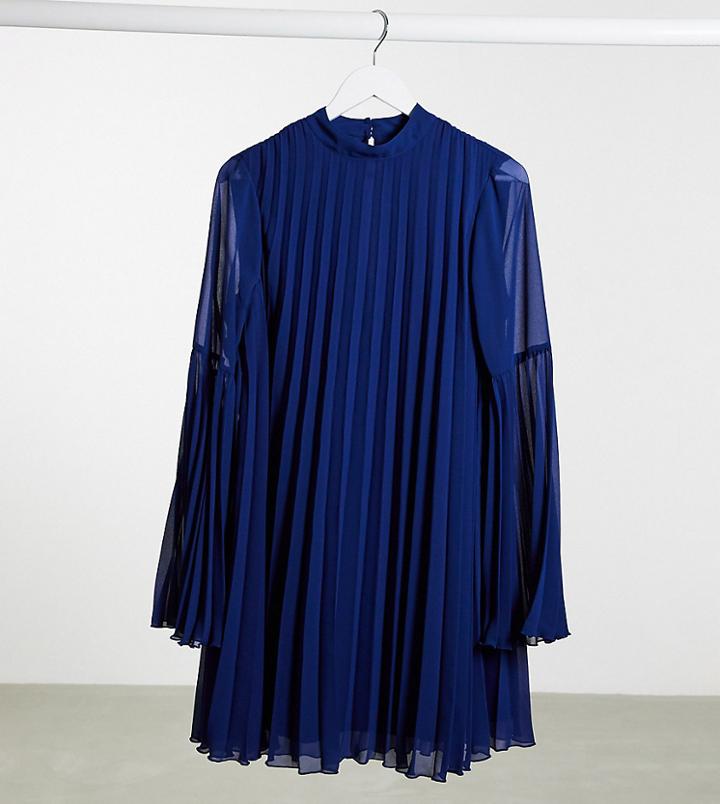 Asos Design Tall Pleated Trapeze Mini Dress With Fluted Sleeve In Navy