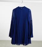 Asos Design Tall Pleated Trapeze Mini Dress With Fluted Sleeve In Navy