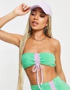 Asyou Towelling Ruched Bandeau Beach Top In Green And Purple-multi