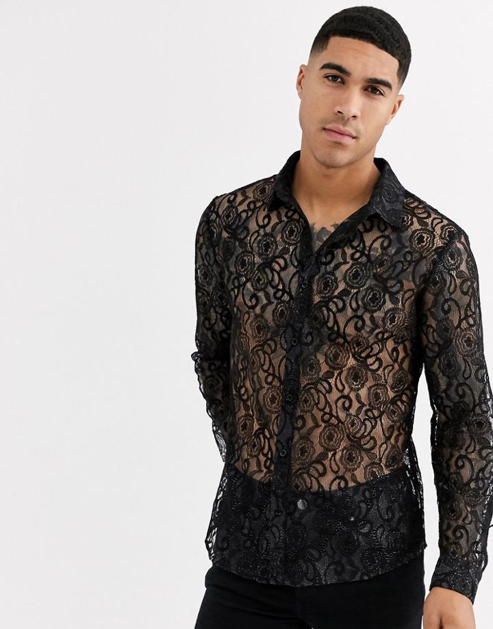 Aray Black Lace Semi Sheer Slim Fit Shirt
