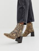 Asos Design Reed Heeled Ankle Boots In Natural Snake-multi