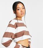Asos Design Petite Super Crop Tee With Long Sleeve Cuff Detail And Contrast Stitch In Stripe-brown