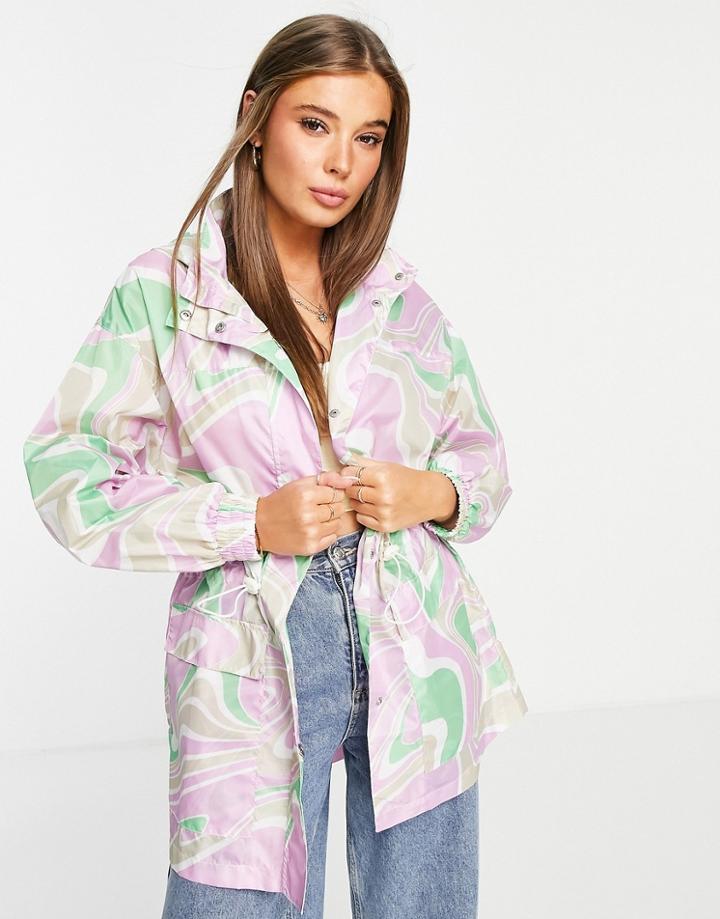 Asos Design Printed Rain Jacket In Pink And Green-multi