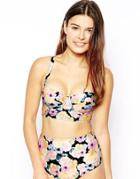 Asos Vintage Floral Longline Fuller Bust Bandeau Bikini Top Dd-f - Pink And Lemon Flora