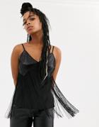 Asos Design Sequin Cami With Fringing-black