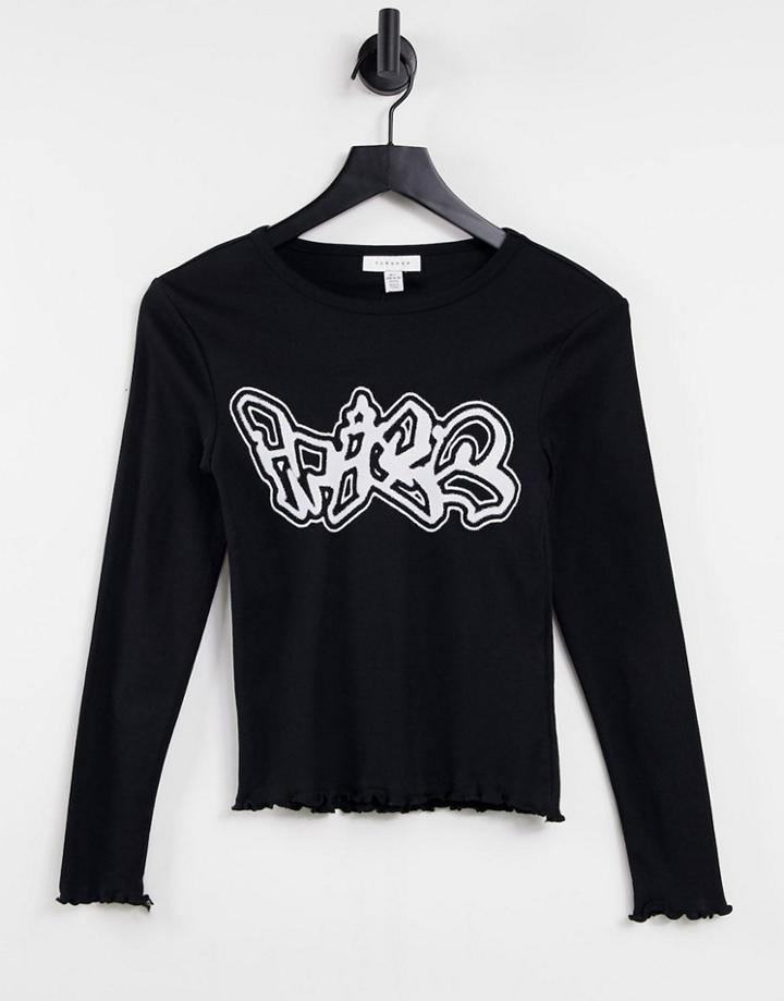 Topshop Long Sleeve Mono Graffiti T-shirt In Black
