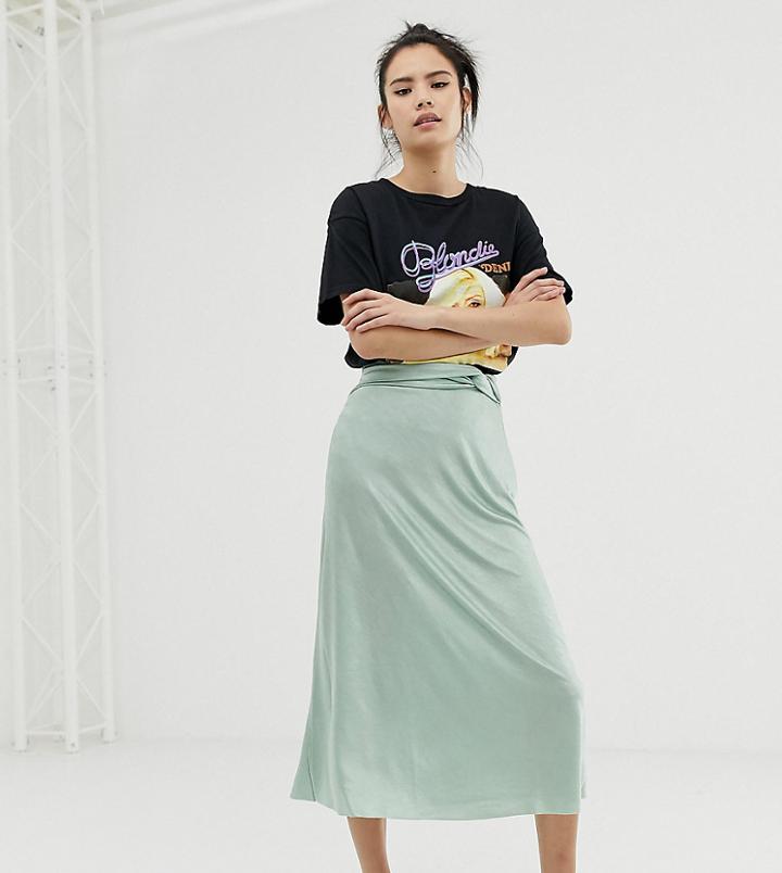 Pull & Bear Twist Detail Midi Skirt In Green - Blue