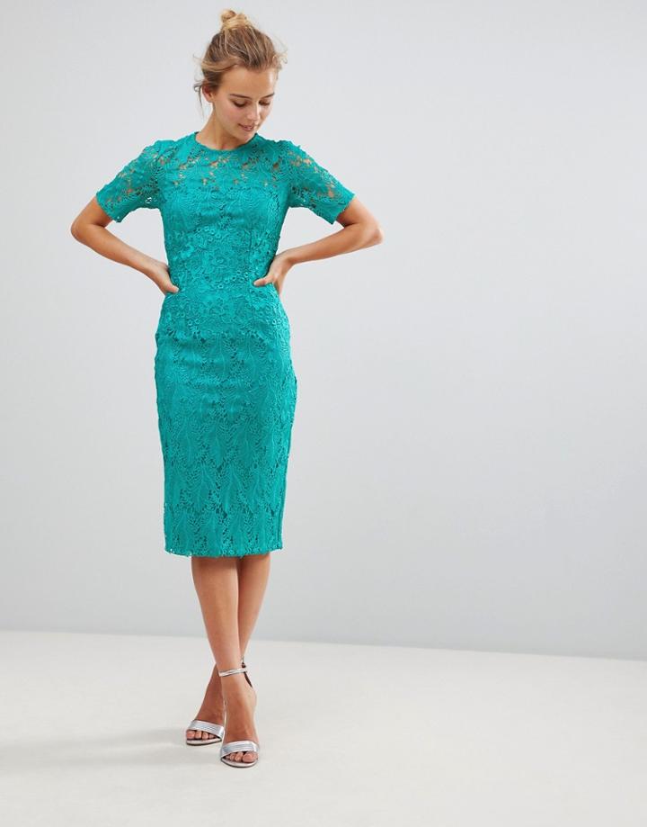 Little Mistress Short Sleeve Crochet Midi Dress - Green