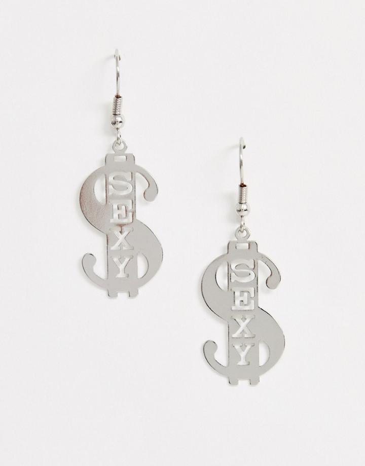 Asos Design Earrings In Sexy Dollar Sign Design In Silver Tone - Silver
