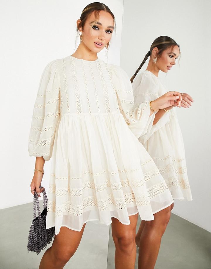 Asos Edition Volume Sleeve Mini Smock Dress With Linear Lace Trim In Cream-white