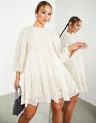 Asos Edition Volume Sleeve Mini Smock Dress With Linear Lace Trim In Cream-white