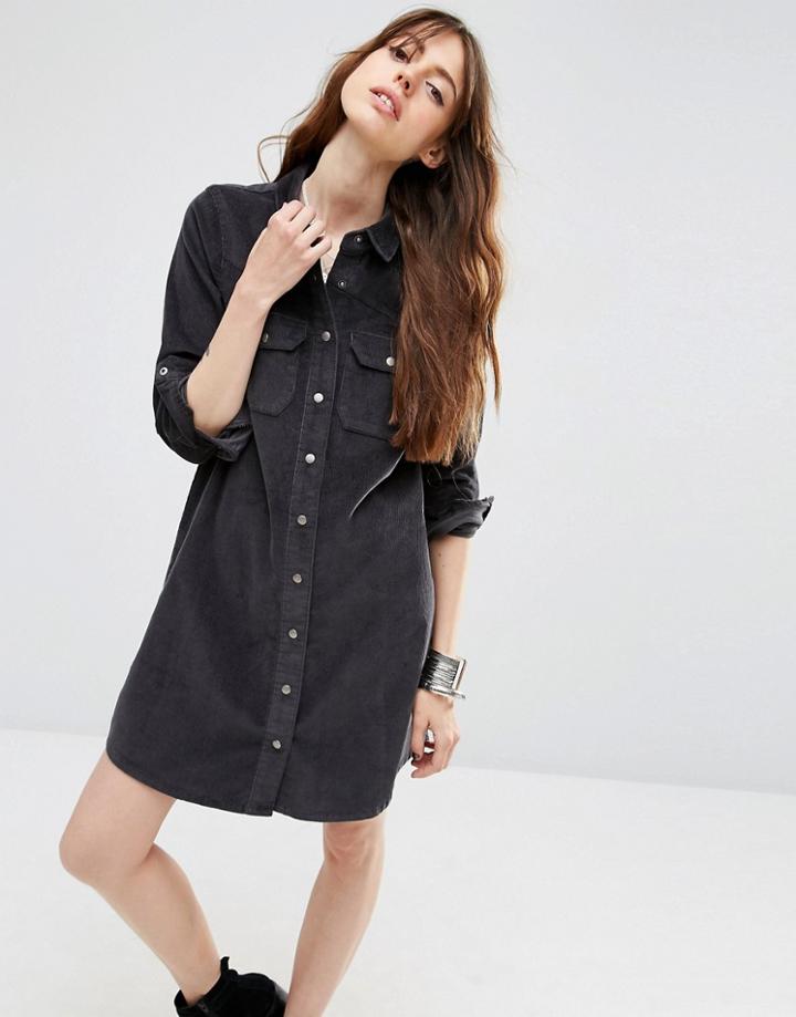 Asos Cord Charcoal Western Shirt Dress In Grey - Gray
