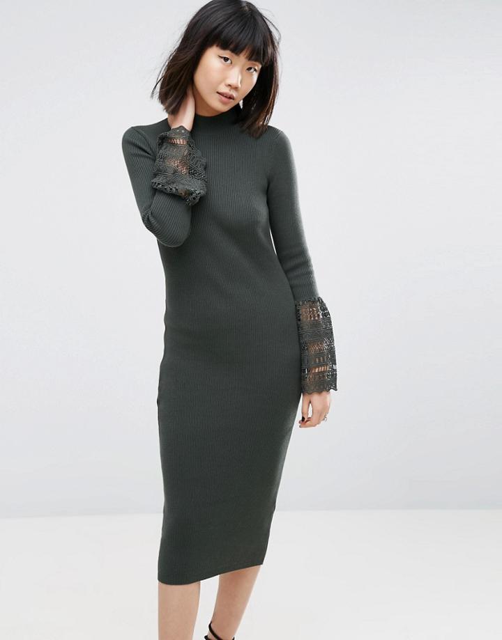 Asos Knitted Dress With Lace Bell Sleeve - Green