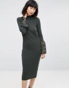 Asos Knitted Dress With Lace Bell Sleeve - Green